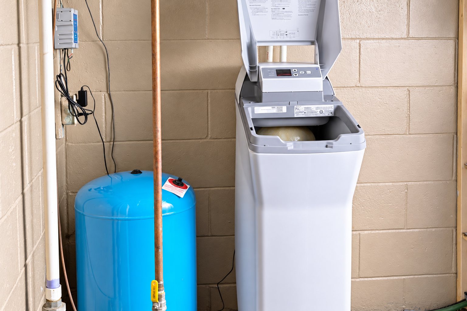 Un adoucisseur d'eau gris au couvercle ouvert est installé contre un mur en parpaings beige, à côté d'un réservoir bleu et de tuyaux.