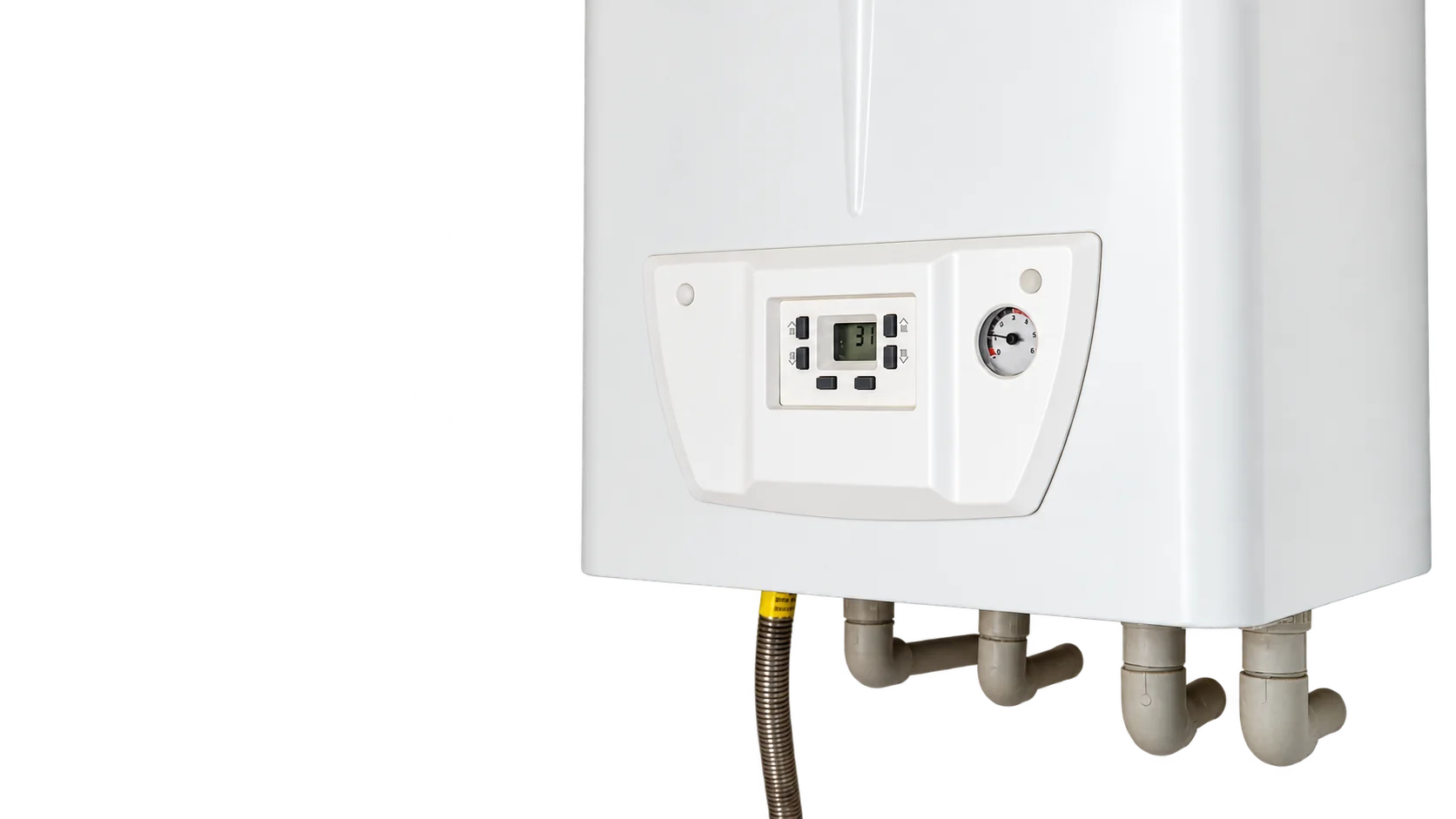 Chaudière à gaz murale blanche équipée d'un écran numérique et d'un manomètre, avec ses tuyaux et son flexible de gaz fixés au mur.