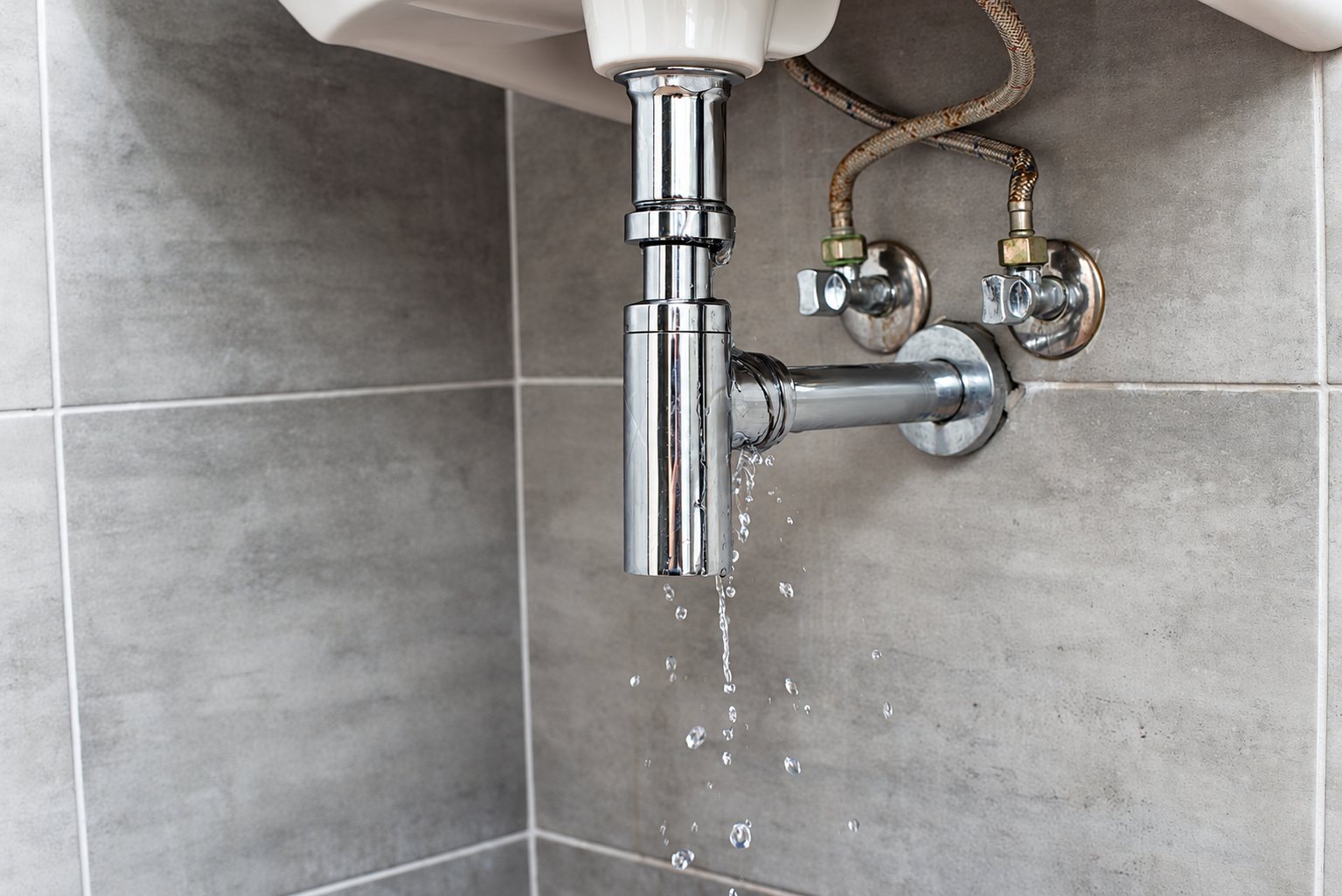 Gouttes d'eau s'écoulant d'un siphon chromé sous un lavabo, devant un mur carrelé gris avec deux robinets d'arrêt.