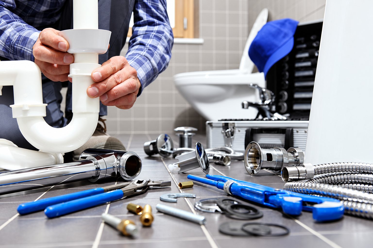 Un plombier en chemise à carreaux assemble un siphon blanc sous un lavabo, entouré de clés bleues, de flexibles et de pièces chromées posées sur le carrelage d'une salle de bains.