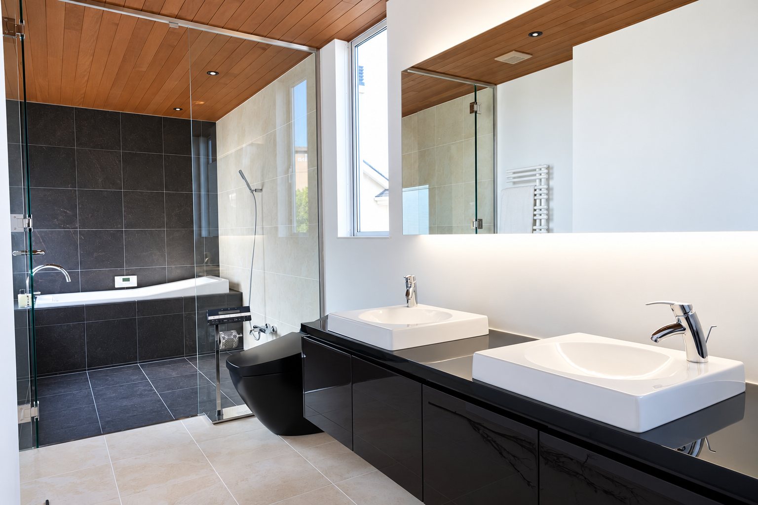 Salle de bain contemporaine aux carreaux anthracite avec baignoire derrière une paroi vitrée, deux vasques blanches sur un meuble noir et un grand miroir rétroéclairé.