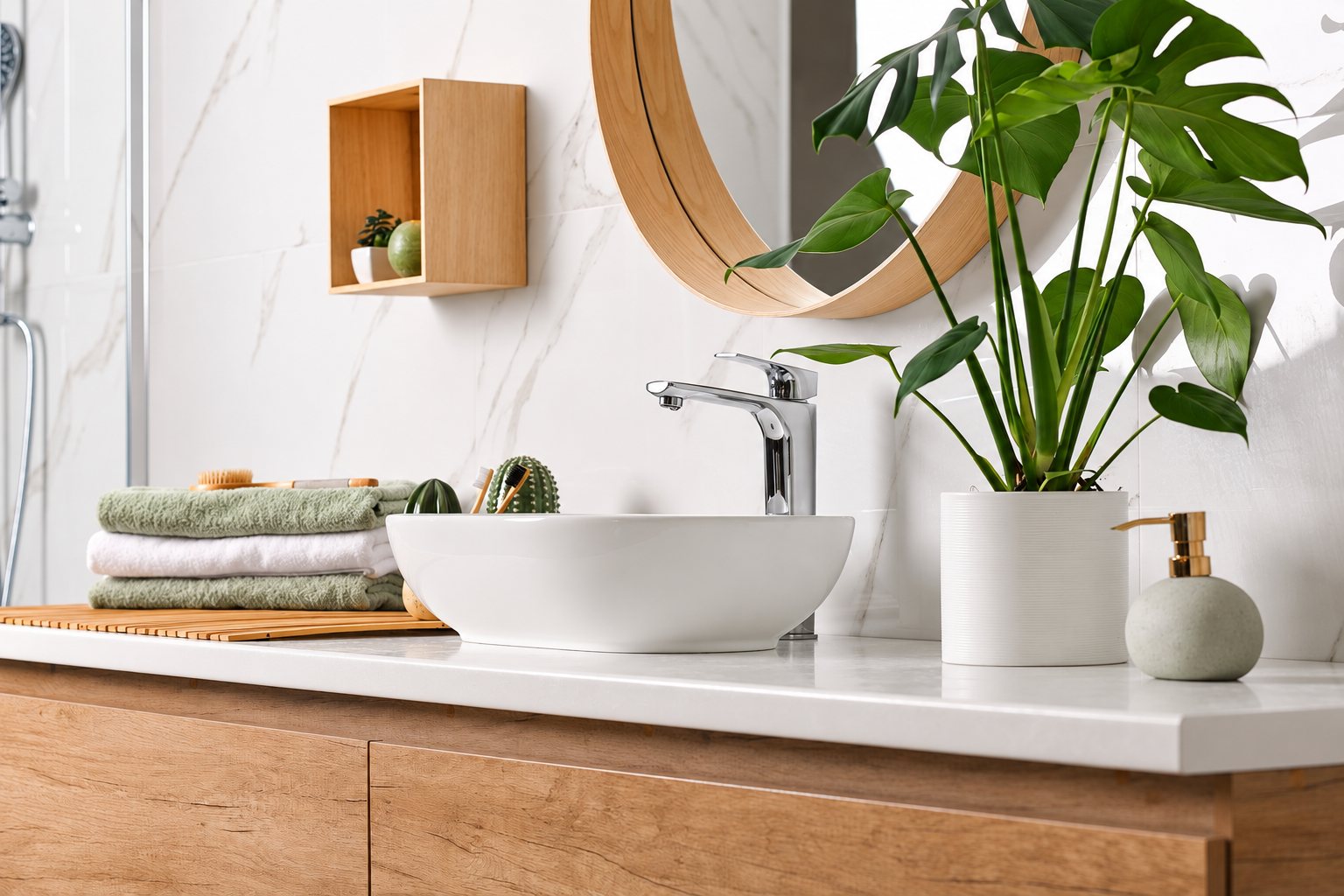 Vasque blanche posée sur un meuble en bois clair dans une salle de bain avec miroir rond, serviettes vertes et monstera.